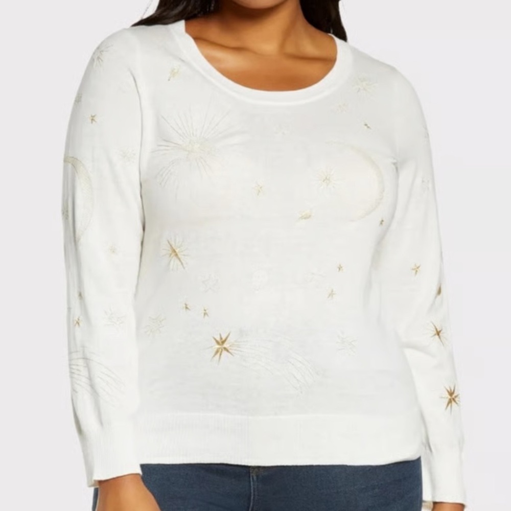 NWOT Chaser Plus Size Astrology Embroidered Cotton Cashmere Blend Sweater